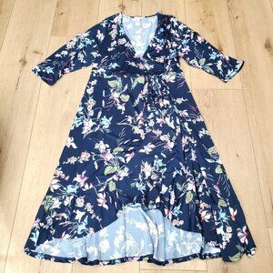 Terra & Sky Dress Womens 2X 20/22W Navy Blue Floral Wrap Tie Maxi Elbow Sleeve